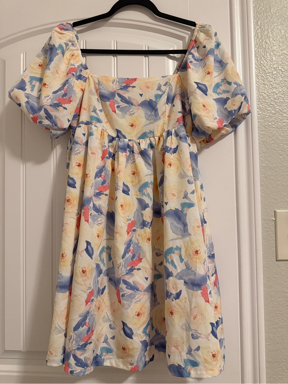 TCEC Cream Floral Puff-Sleeve Mini Dress with Blue & Pink Accents